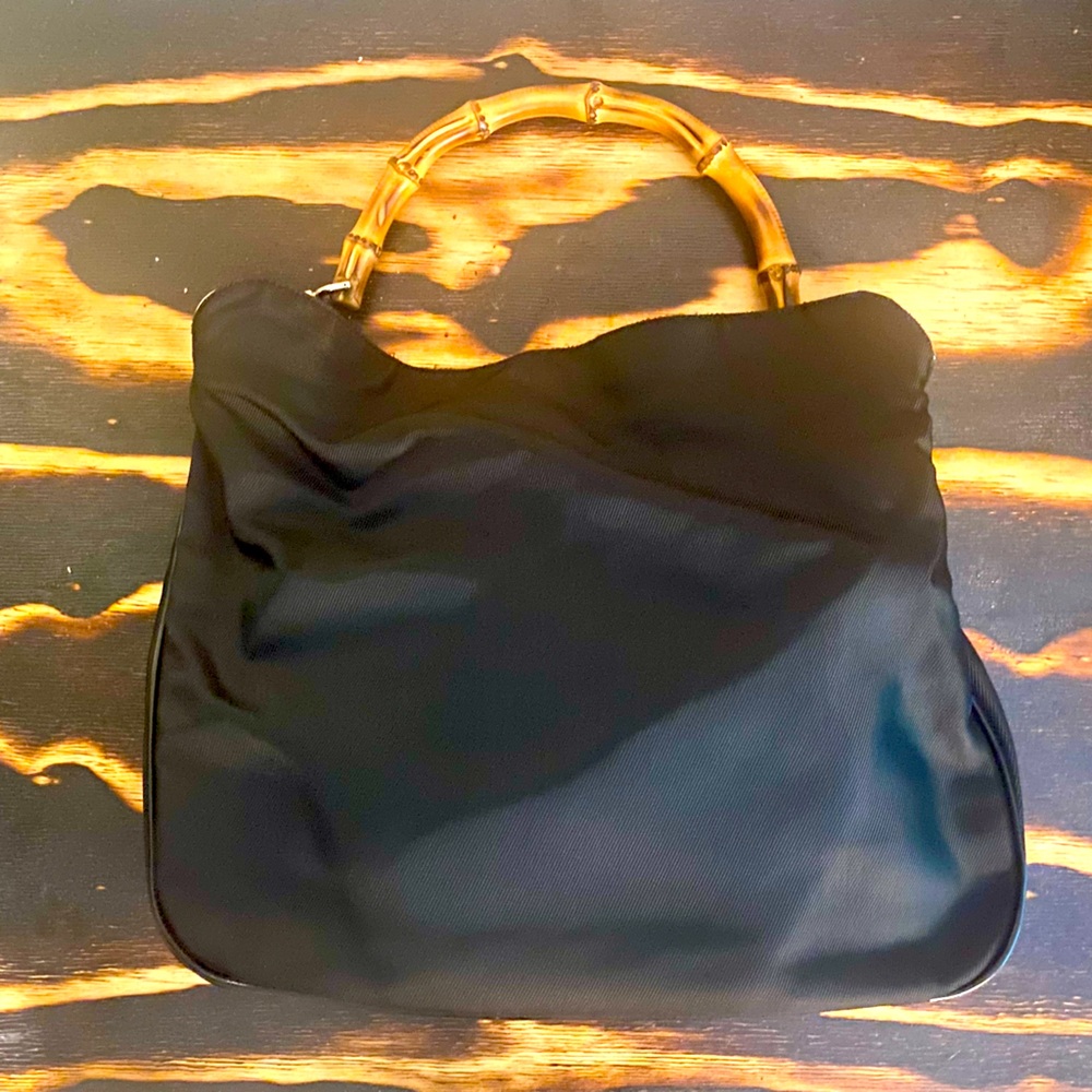 Authentic GUCCI Vintage Bamboo 2Way Shoulder Bag Nylon Leather Black w/ Dustbag